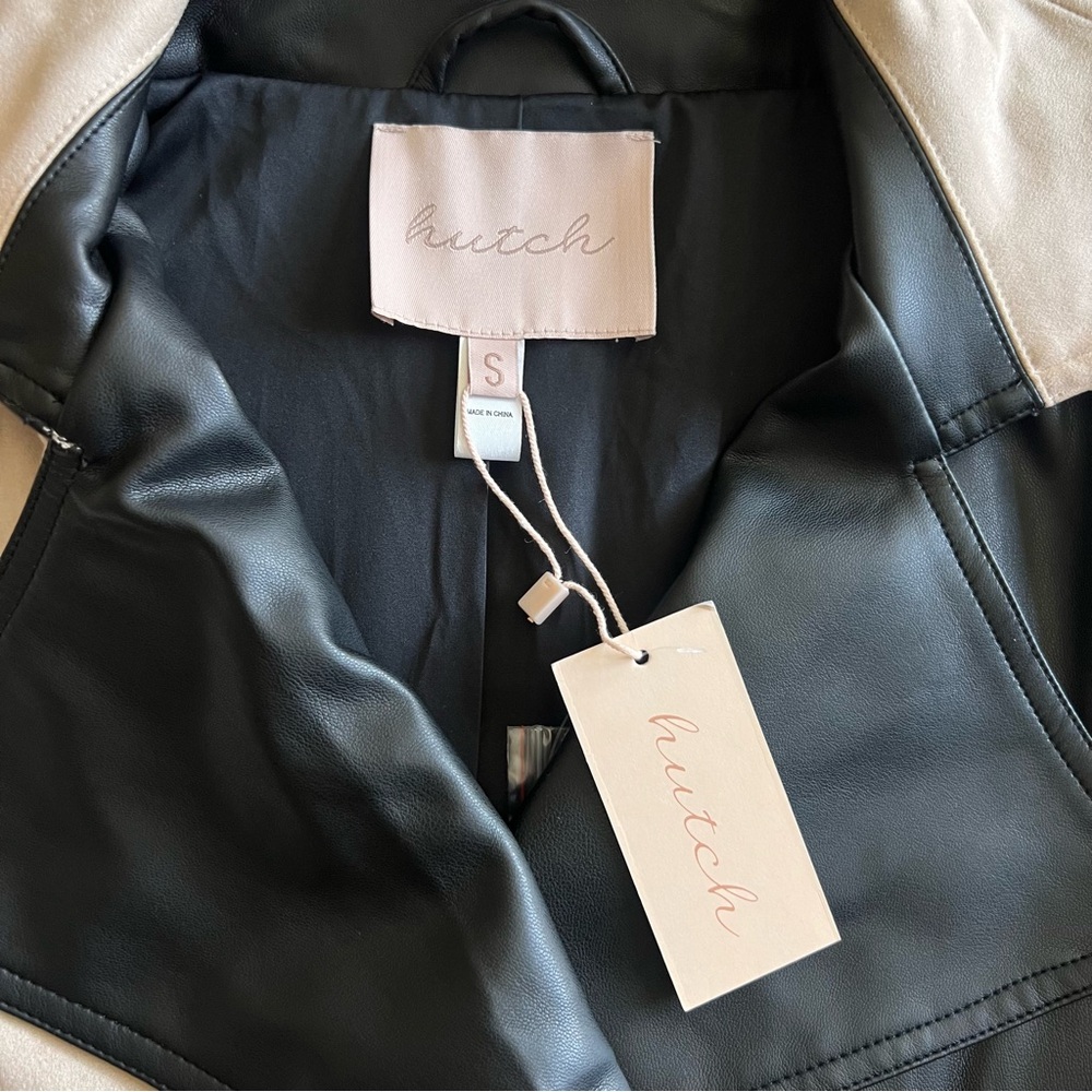 NWT Hutch Stasia Faux Leather Suede Trench Coat Colorblock Black Tan Size Small - Picture 8 of 14